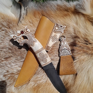 Unique Vikings knife \ seax with leather sheath. Hand-carved Wolf handle. Fenrir. Celtic art, Norse. Berserker. Hand-forged Damascus steel