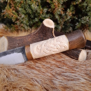 Handmade Viking small knife with leather sheath and hand-forged blade. Norse Zoomorphic pattern, Scandinavian style - hand carved handle