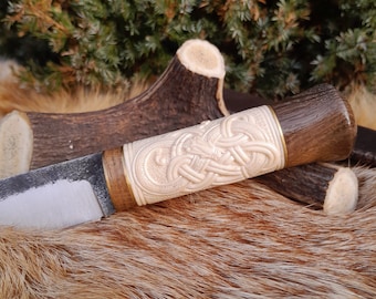 Handmade Viking small knife with leather sheath and hand-forged blade. Norse Zoomorphic pattern, Scandinavian style - hand carved handle