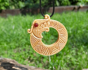 Viking Ouroboros amulet. Midgard serpent. Jormungand pendant. Historical world snake jewelry, Norse Dragon protective necklace- hand-carved
