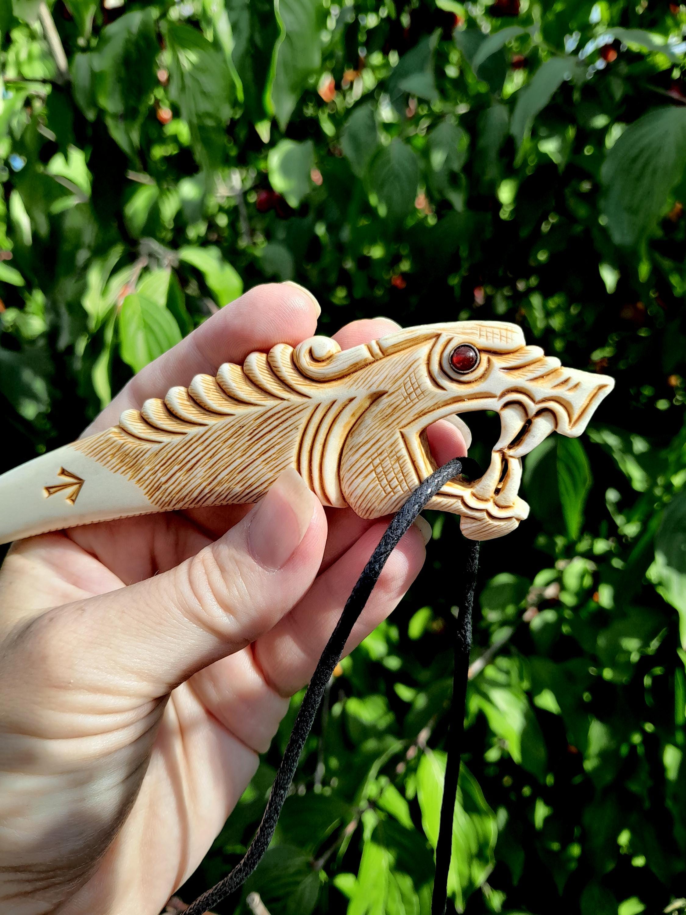 Norse Dragon Amulet, Hand-carved Moose Antler Pendant With Runes