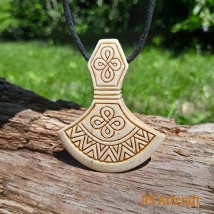 Hand-Carved Moose Antler Viking Axe Pendant: Celtic Knot Mjolnir Necklace