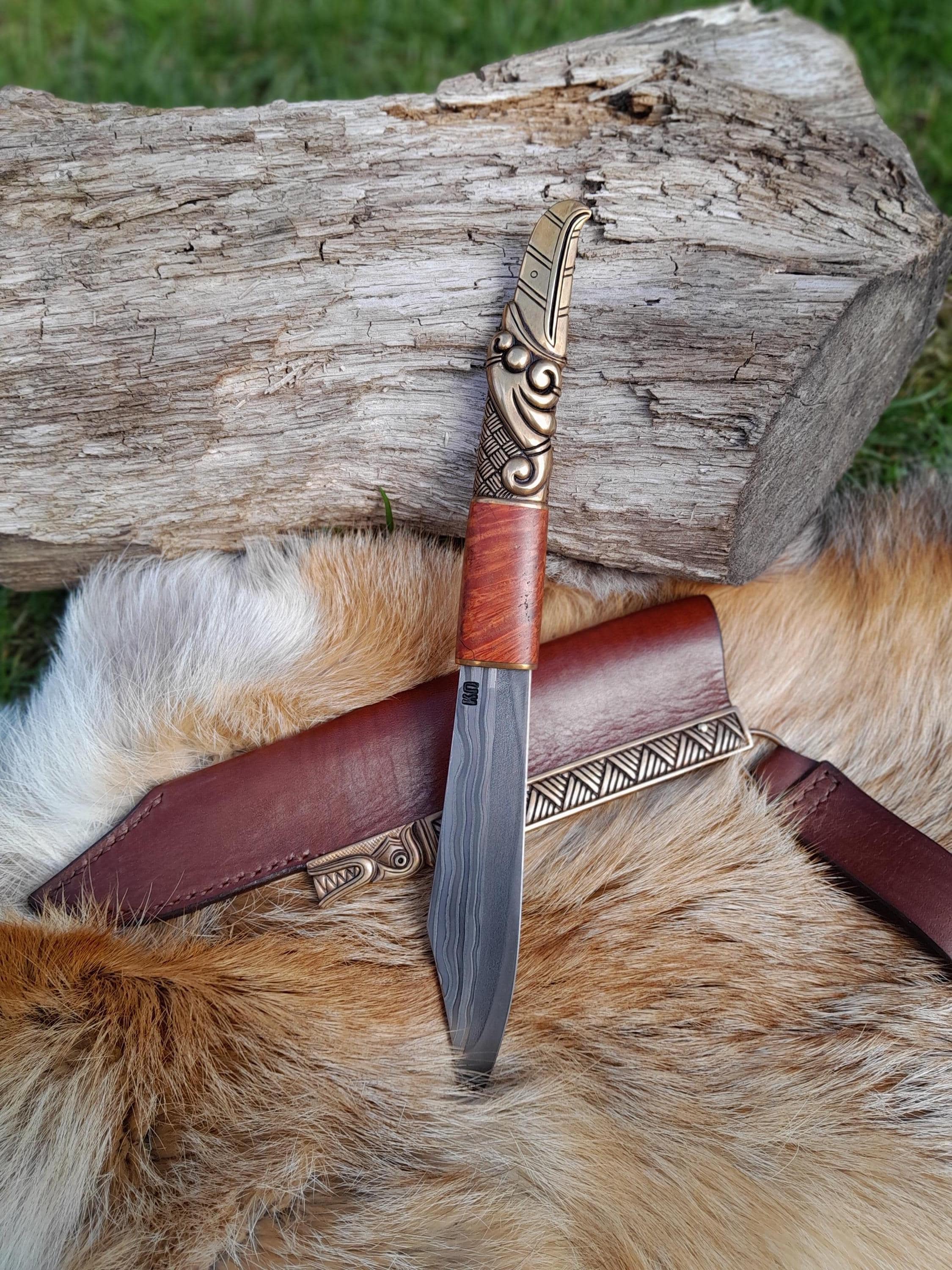 Hand-forged Damascus Steel Viking Seax Knife: Brass Raven Handle