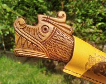 Handgemaakt klein Viking-zakmes met drakenkop en leren schede, Noorse, Scandinavische stijl, Drakkar, Noords, Middeleeuwse kunst, Oseberg
