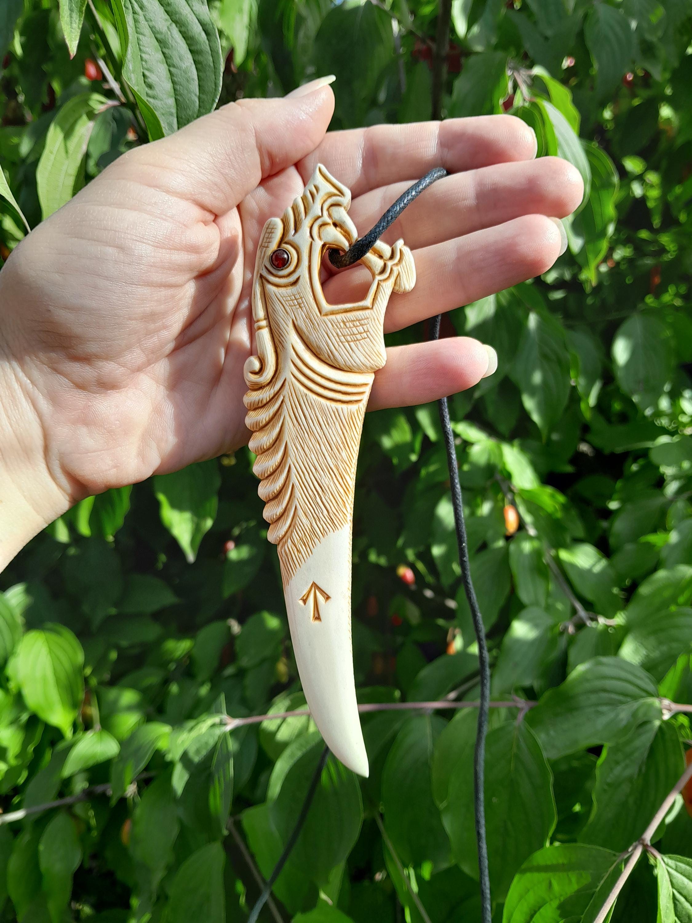 Norse Dragon Amulet, Hand-carved Moose Antler Pendant With Runes