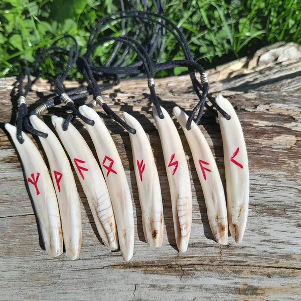 Viking’s style amulet, tooth necklace, Tribal Jewelry, Norse mythology art, Natural, organic Nordic runic talisman with runes - hand made