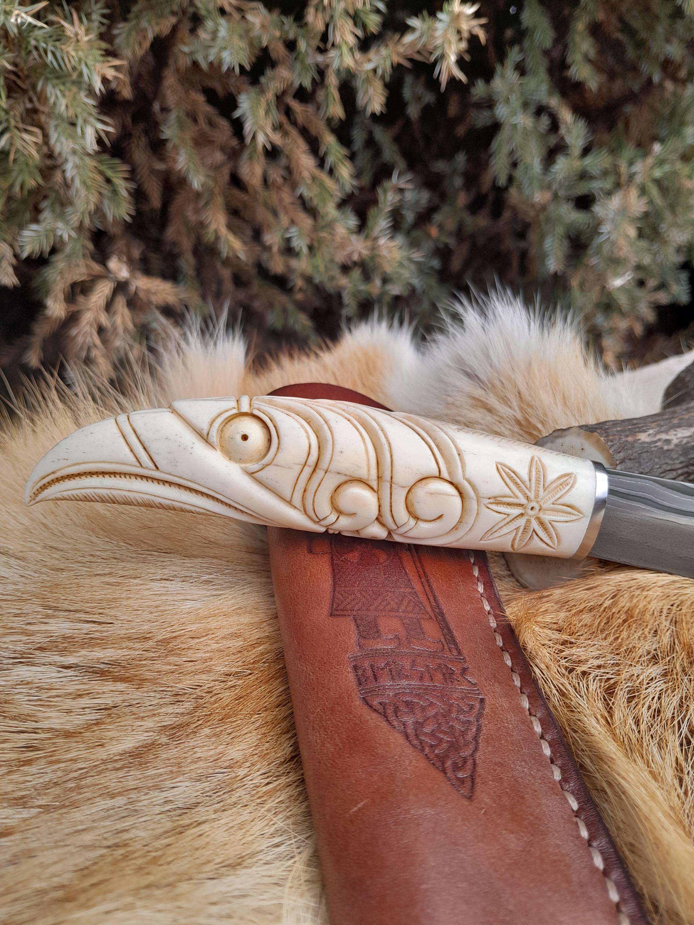 Hand-forged Damascus Steel Viking Seax: Raven Carved Moose Antler