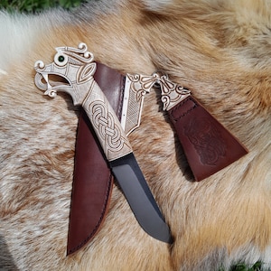Unique Vikings knife \ seax with leather sheath. Hand-carved Dragon handle.  Hand-forged Carbon steel. Drakkar. Oseberg motifs. Norse art