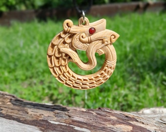 Unique hand carved Ouroboros circle talisman, Midgard Jormungandr serpent, Viking world snake jewelry, Norse Dragon amulet, infinity symbol
