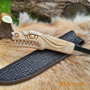 Hand-Carved Wolf Head Viking Knife: Fenrir Norse Camping Knife