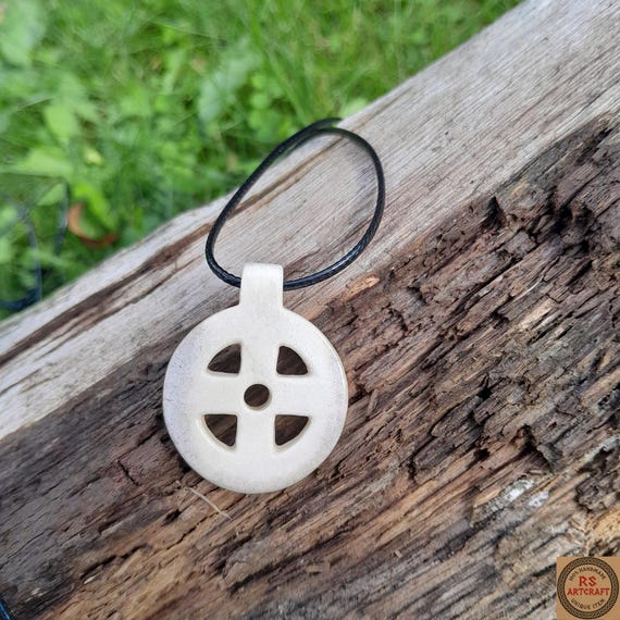 Hand-carved Viking Solar Cross Necklace, Norse Sun Wheel Amulet