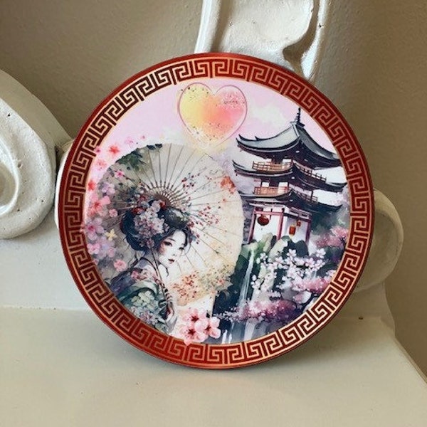 Japanese Themed Drinks Coaster - Asian water colour - Geisha Tile - Japanese Temple Cherry Blossom - Wooden Coaster - House warming gift -