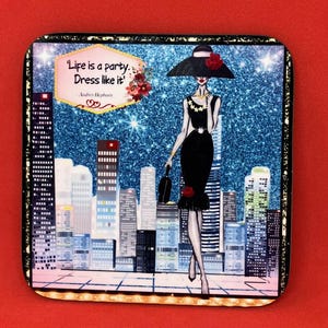 Audrey Hepburn Inspired Wood Drinks Coaster - Vintage Coaster - Little Black Dress gift - 50's style - Hollywood Star - Fashion gift for her
