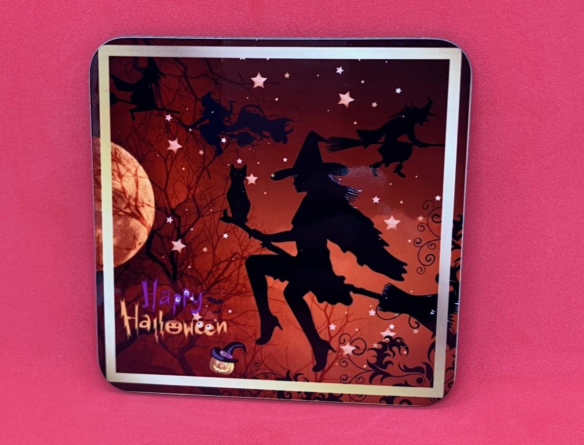Halloween Drinks Coaster with witch themed design - spooky gift - handmade gift - witch on broomstick -  Halloween Coaster - Halloween gifts