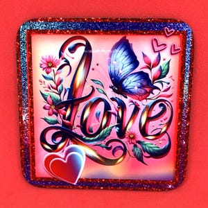 Love Themed Drinks Coaster - Wooden Square Gift - Love Hearts - Valentine&#39;s Day Gift - Love Car Coaster - Gift For Her - Butterfly & Flowers