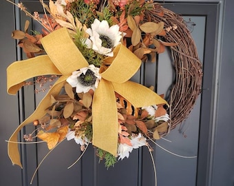 Fall Sunflower Wreath, Cream Flowers, Autumn Foliage and Berries