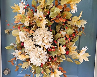 Beige Dahlia Fall Wreath, Harvest Bittersweet, Front Door Decor