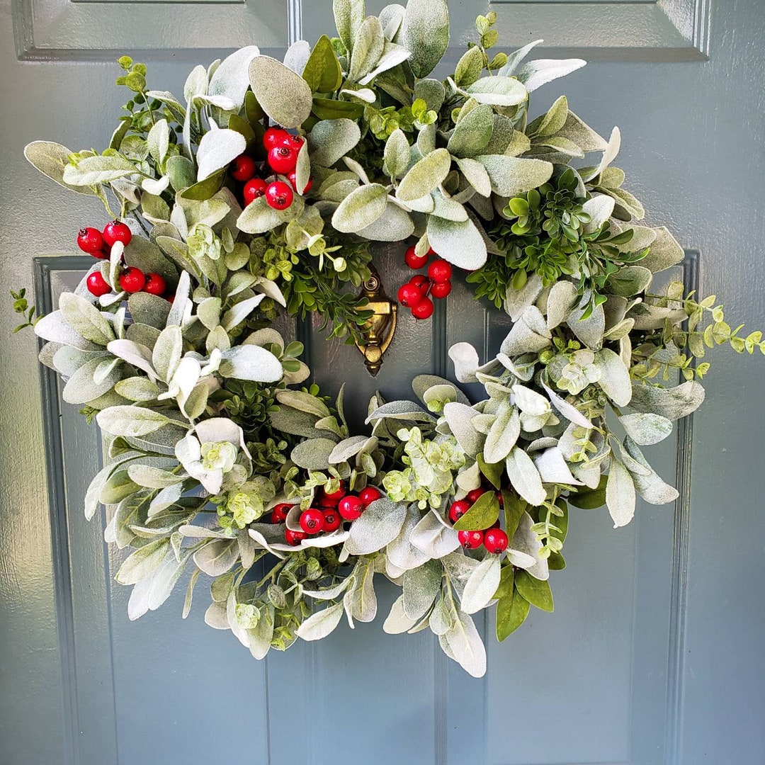 Lambs Ear and Eucalyptus Wreath, Red Berry Christmas Wreath, Lambs Ear ...