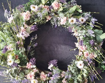 Mixed greenery wreath, front door farmhouse wreath, kitchen wreath, wildflower wreath, eucalyptus wreath, mixed flowers wreath
