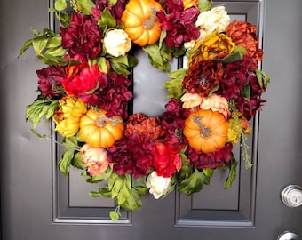 Peony Pumpkin Fall Wreath, Colorful Autumn Foliage