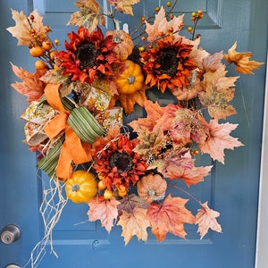 Elegant Fall Wreath for Front Door, Large Autumn Wreath with Pumpkins and Rust Colored Sunflowers