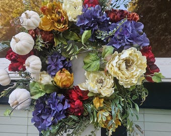 Fall Front Door Wreath, Pumpkins, Peonies, Floral Harvest