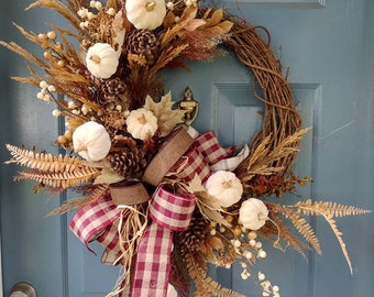 Fall Wreath for Front Door, Rustic Cream Pumpkins, Pinecones and Berries