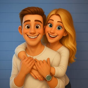 May include: A digital illustration of a smiling couple embracing. The man has brown hair and wears a white long-sleeved shirt. The woman has blonde hair and is wearing a white long-sleeved shirt. The man is wearing a watch with a green face.