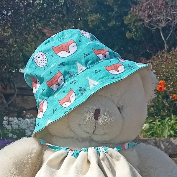 Bob, chapeau bébé, enfant, réversible en lin et coton imprimé renard orange