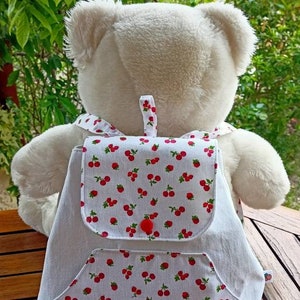 Sac à dos, sac à doudou, sac à goûter, en lin et piqué de coton Oeko tex imprimé cerises