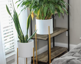 Mid-century Modern White Pot with brass Plant Stand tall Plant Stand with Pot - Planter 7" and 9" diameter white pots