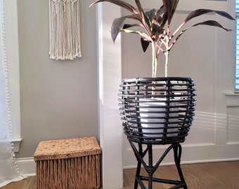 Handmade Rattan Plant Stand - Large Natural Indoor Planter 28" tall -  Rattan Plant Basket - Boho Decor - Black Bamboo Planter