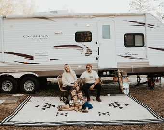 Glamplife Recycled RV Rug - Camping Rugs for Outside Your RV - 9x12 Outdoor  Rug - Black and White Tribal - Large Outdoor Rugs for Awnings - Waterproof