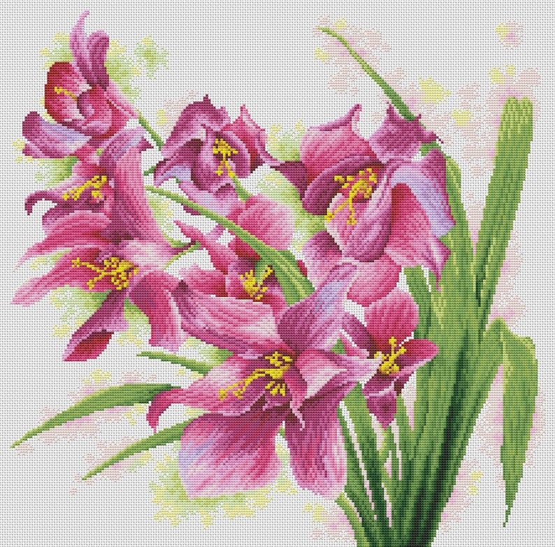Lovely Orchids Cross Stitch Pattern Modern Decor Violet Pink Flowers Floral Digital Pattern Bouquet Needlepoint chart PDF Instant download