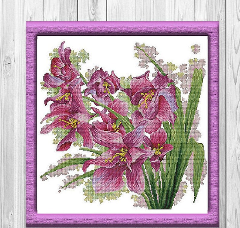 Lovely Orchids Cross Stitch Pattern Modern Decor Violet Pink Flowers Floral Digital Pattern Bouquet Needlepoint chart PDF Instant download