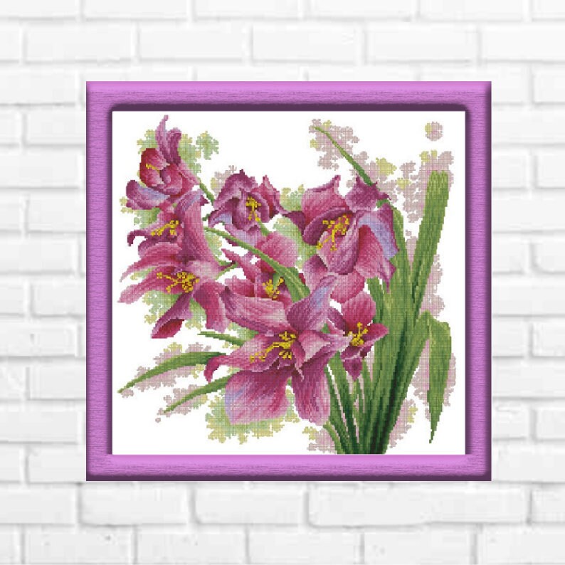 Lovely Orchids Cross Stitch Pattern Modern Decor Violet Pink Flowers Floral Digital Pattern Bouquet Needlepoint chart PDF Instant download
