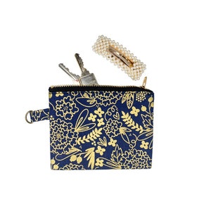 Cute Gold Floral Patterned Coin Purse | Zipper Pouch, Minimal Coin Purse, Cute Bags, Navy and Gold, Japanese Coin Purse