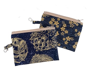 Gold Sakura Floral Coin Purse | Japanese Style Cotton Zipper Pouch