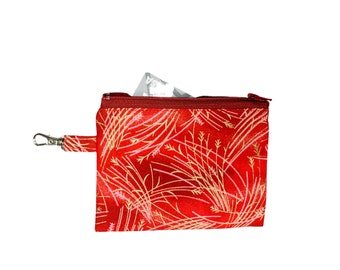 Red Bamboo Print Coin Purse | Handmade Cotton Zipper Pouch