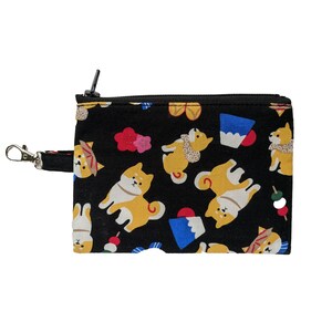 May include: Black zippered pouch with a repeating pattern of Shiba Inu dogs, Japanese sweets, and flowers. The pouch has a silver metal hook.
