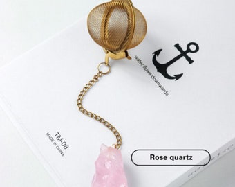 Rose Quartz Crystal Tea Filter - Reusable Loose Leaf Tea Ball Infuser - Crystal Golden Color Stainless Steel Tea Strainer