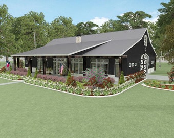 May include: A black barn-style house with a large front porch and a grey roof. The house is surrounded by green grass and trees.