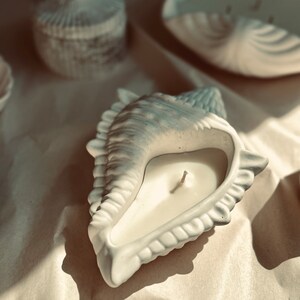 May include: A white seashell-shaped candle with a single centered wick. The exterior of the shell features a textured, ridged surface with subtle grey shading, while the interior holds a smooth, off-white wax filling the shell cavity.