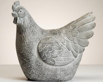 Handmade Cement Hen Statue | Rustic Farmhouse Garden Sculpture, Aged Stone Chicken Ornament