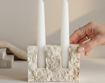 Primitive Stone Style Taper Holder | Handmade Cement Decor