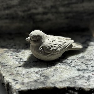 May include: A small, gray, concrete bird figurine with detailed feathers. The bird is sitting on a gray, textured surface.