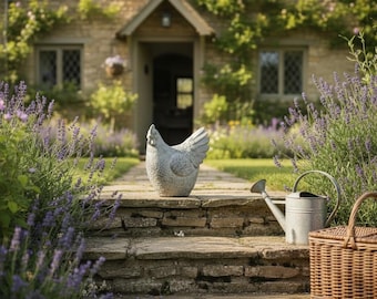Handmade Cement Hen Statue | Rustic Farmhouse Garden Sculpture, Aged Stone Chicken Ornament