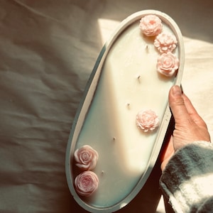 Extra Large Beeswax Candle: Handmade Oval Concrete Bowl with Floral Accents