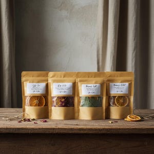 May include: Four tan kraft paper pouches with clear windows, each containing dried botanical ingredients. The labels read "Slow Sun," "Rise & No," "Morning Light," and "Morning Ritual" with the brand name "Sage & Doe" printed below each title.
