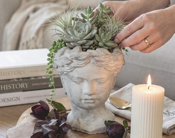 Cement Greek Goddess Bust Planter – Antique Stone Sculpture, European Decor